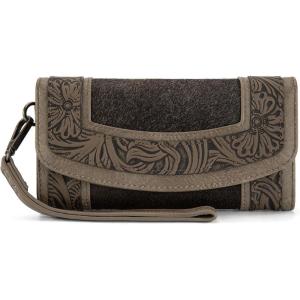 Montana West Wristlet Wallets for Women Western Floral Tooled Cowhide Wallets Large Capacity Trifold Wallet with ID Window(Deep Khaki)