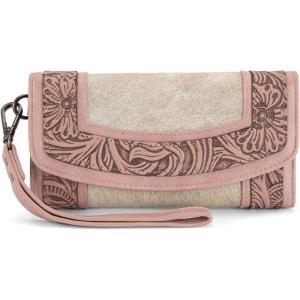 Montana West Wristlet Wallets for Women Western Floral Tooled Cowhide Wallets Large Capacity Trifold Wallet with ID Window(Pink)