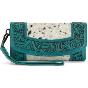 Montana West Wristlet Wallets for Women Western Floral Tooled Cowhide Wallets Large Capacity Trifold Wallet with ID Window(Turquoise)