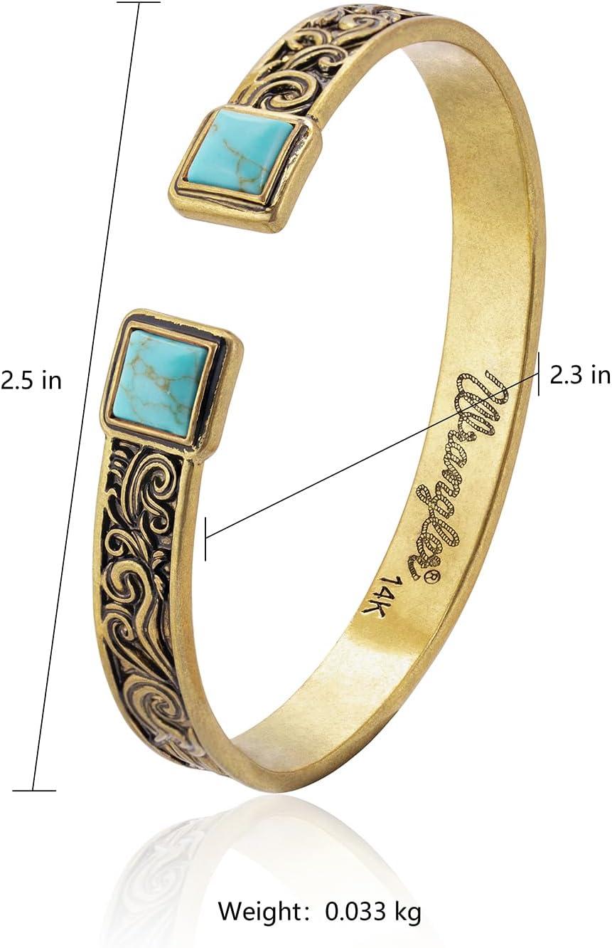 imageMontana West Wrangler Cuff Bracelet for Women Western Turquoise Adjustable Open Bangle Silver Plated Carved Floral Cowgirl Country JewelryGoldTurquoise
