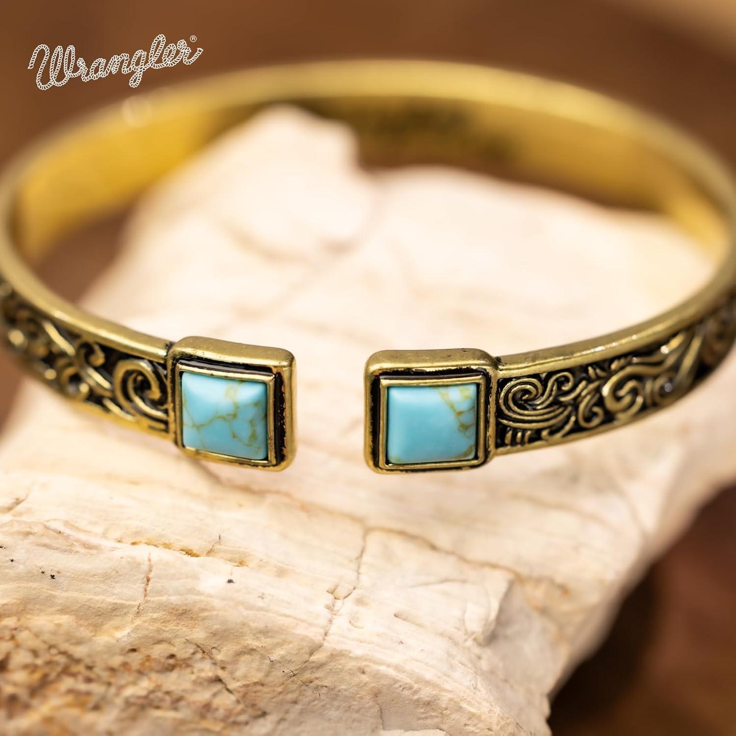 imageMontana West Wrangler Cuff Bracelet for Women Western Turquoise Adjustable Open Bangle Silver Plated Carved Floral Cowgirl Country JewelryGoldTurquoise