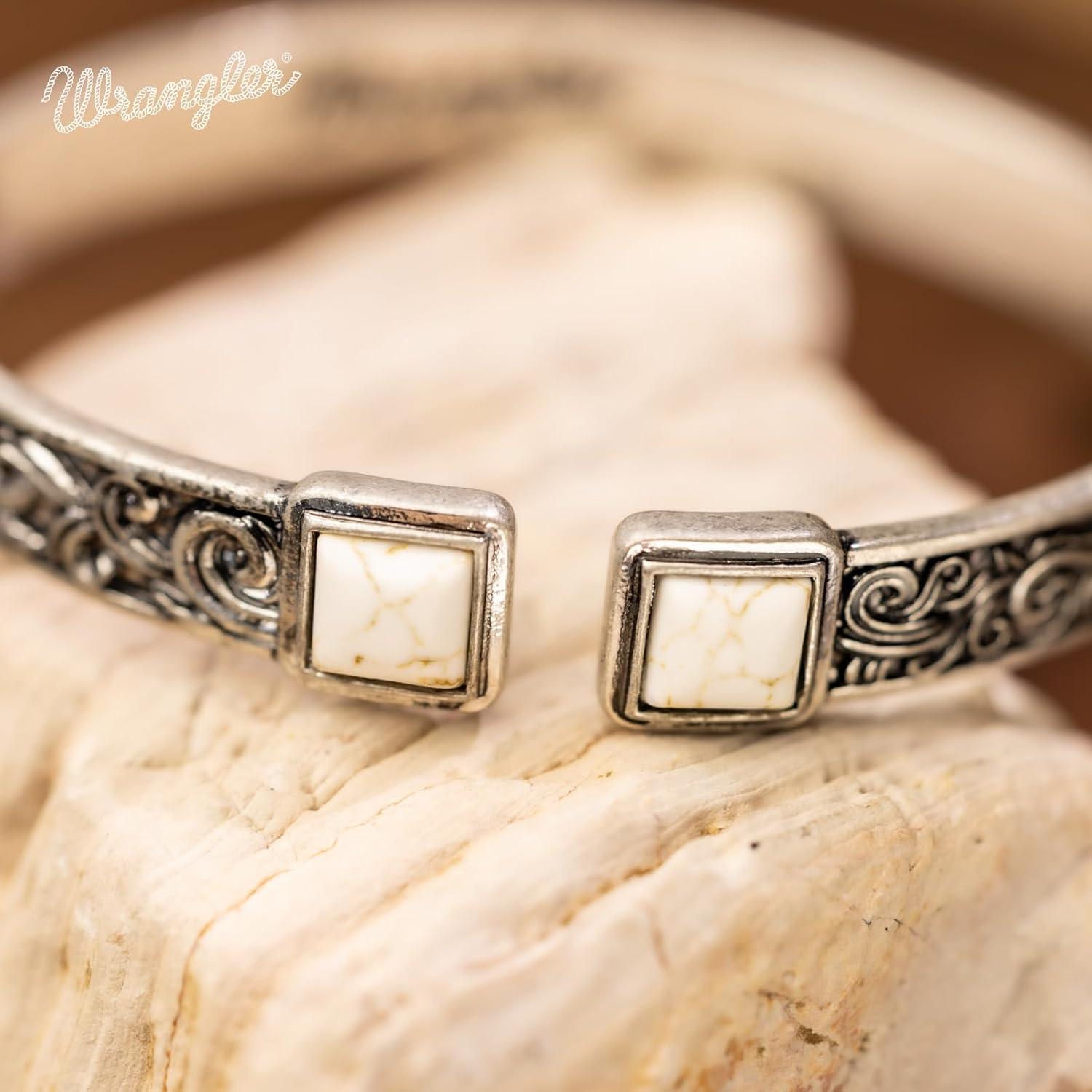 imageMontana West Wrangler Cuff Bracelet for Women Western Turquoise Adjustable Open Bangle Silver Plated Carved Floral Cowgirl Country JewelrySilverWhite