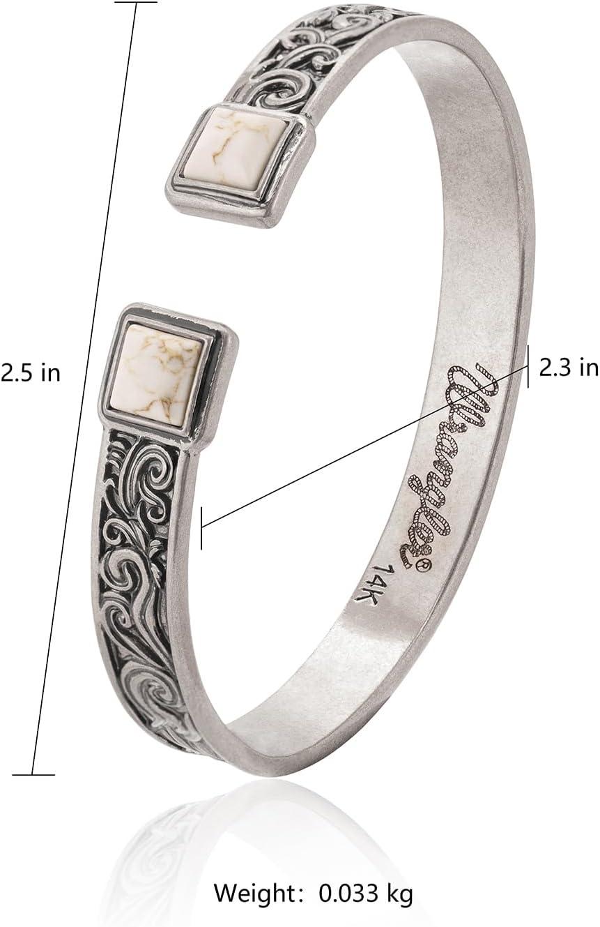 imageMontana West Wrangler Cuff Bracelet for Women Western Turquoise Adjustable Open Bangle Silver Plated Carved Floral Cowgirl Country JewelrySilverWhite