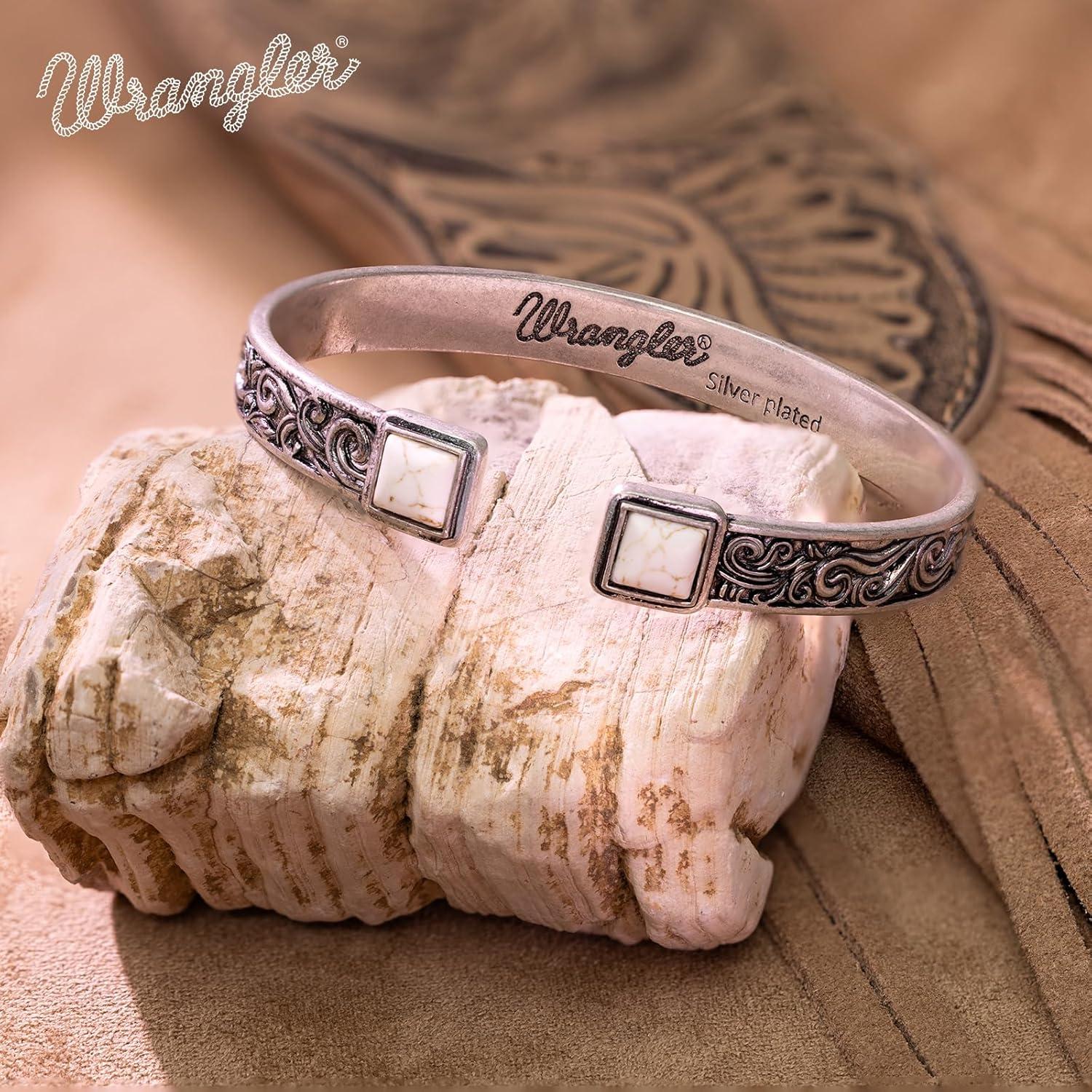 imageMontana West Wrangler Cuff Bracelet for Women Western Turquoise Adjustable Open Bangle Silver Plated Carved Floral Cowgirl Country JewelrySilverWhite
