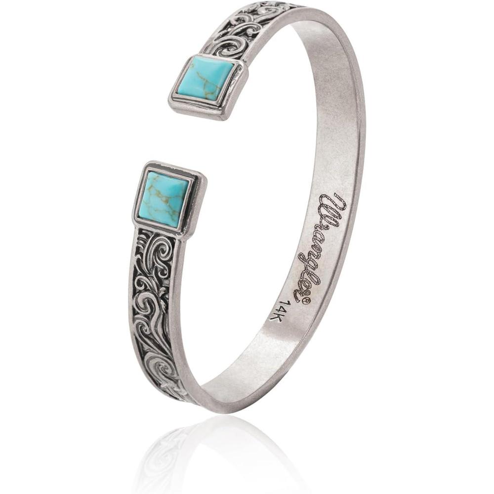 imageMontana West Wrangler Cuff Bracelet for Women Western Turquoise Adjustable Open Bangle Silver Plated Carved Floral Cowgirl Country JewelrySilverTurquoise