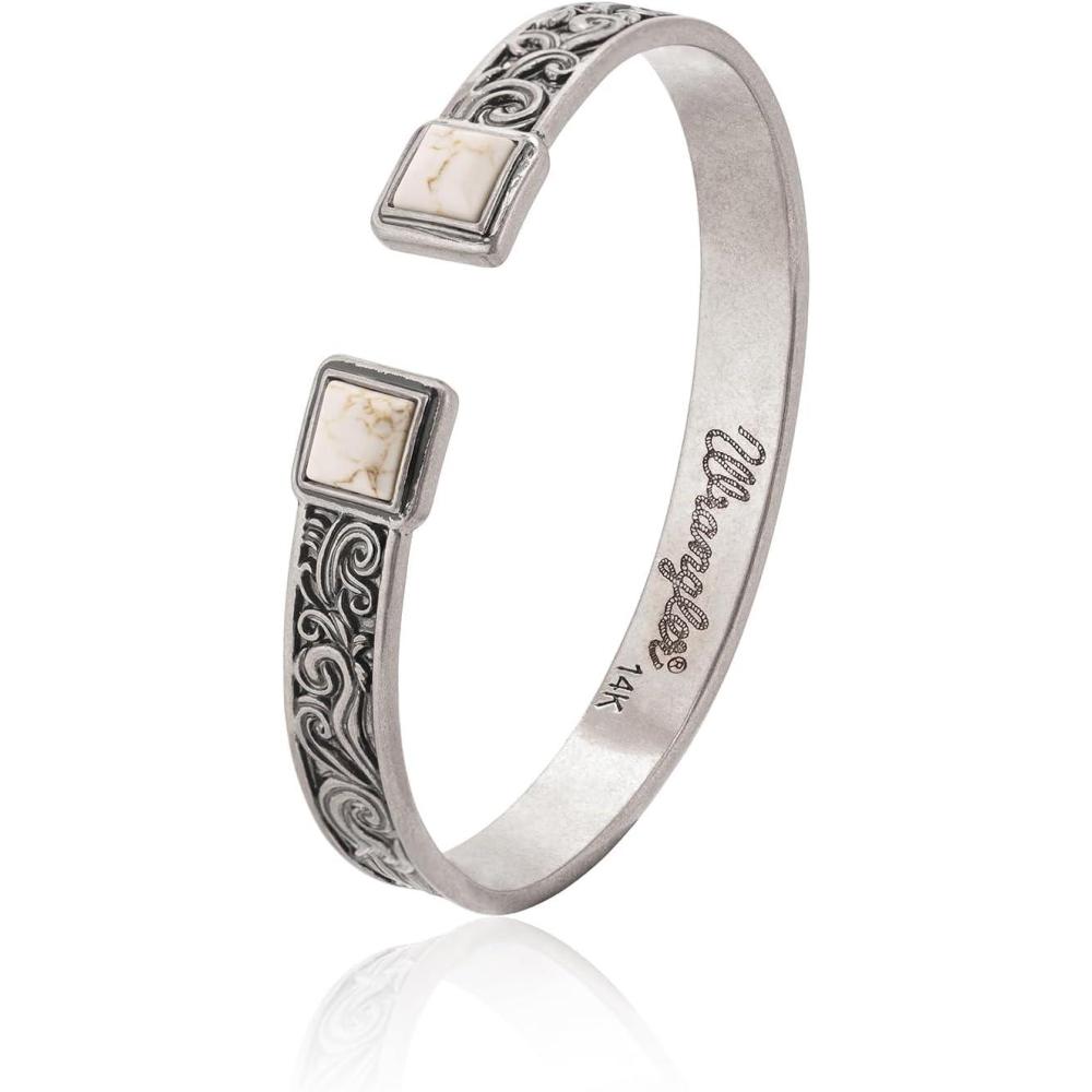imageMontana West Wrangler Cuff Bracelet for Women Western Turquoise Adjustable Open Bangle Silver Plated Carved Floral Cowgirl Country JewelrySilverWhite