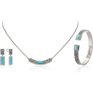 Montana West Wrangler Cuff Bracelet for Women Western Turquoise Adjustable Open Bangle Silver Plated Carved Floral Cowgirl Country Jewelry(3pcs-Turquoise)