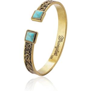 Montana West Wrangler Cuff Bracelet for Women Western Turquoise Adjustable Open Bangle Silver Plated Carved Floral Cowgirl Country Jewelry(Gold-Turquoise)