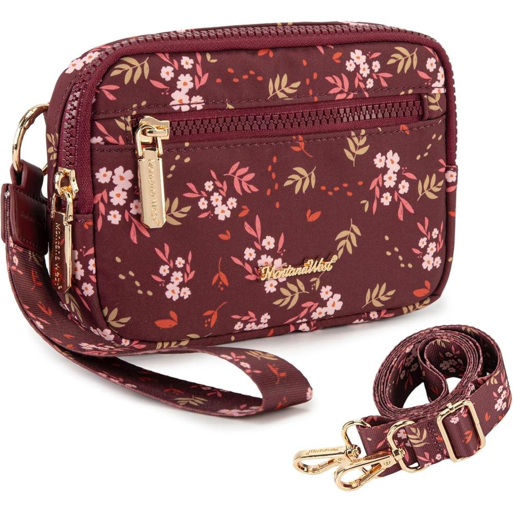 imageMontana West Wristlet Wallets for Women Nylon RFID Small Crossbody Phone Purse with Builtin Card Slots for GiftBurgundy