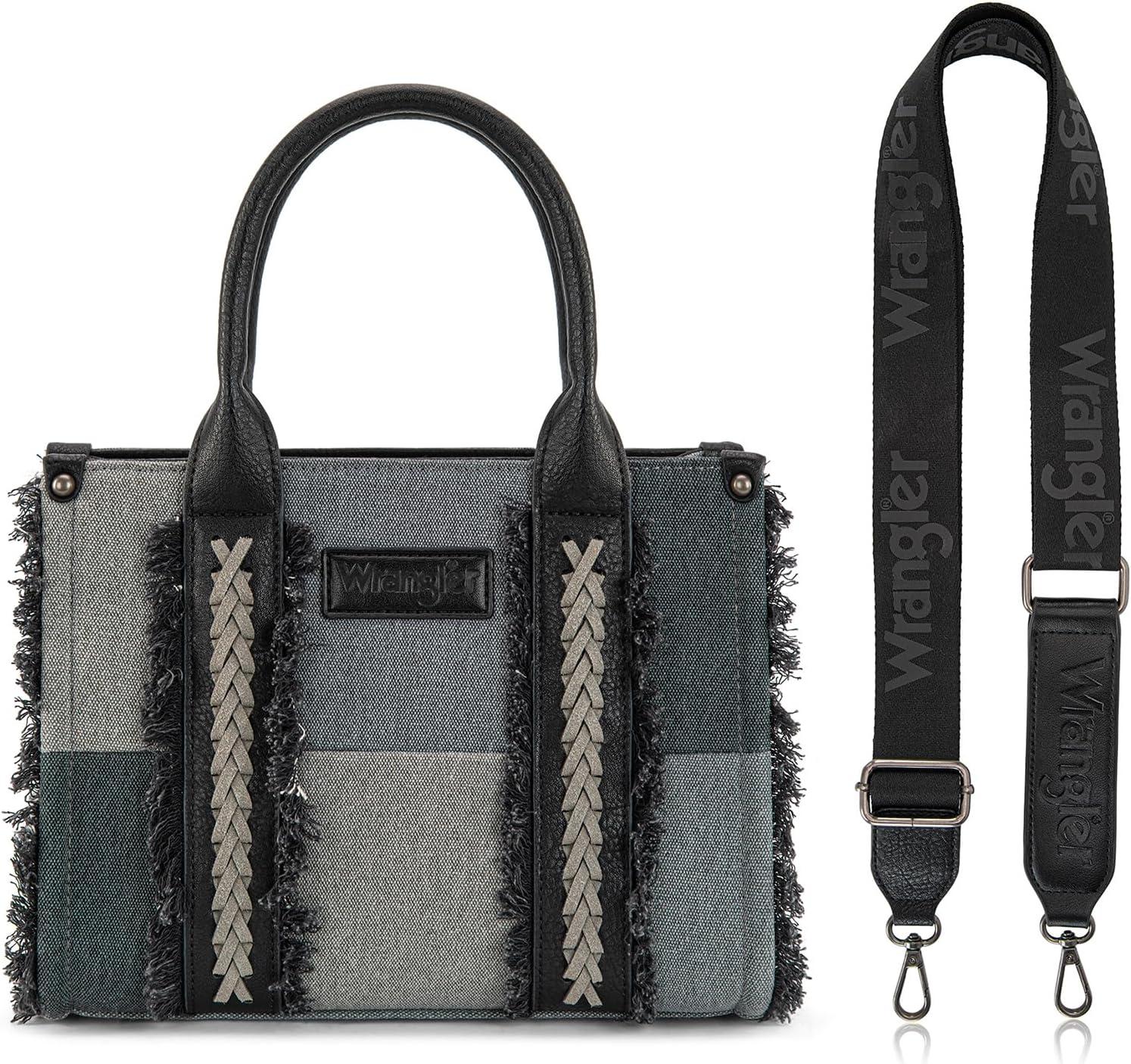 imageMontana West Wrangler Tote Bag for Women Canvas Woven Top Handle Handbags with Guitar Strap Retro Purse Boho Shoulder BagBlack