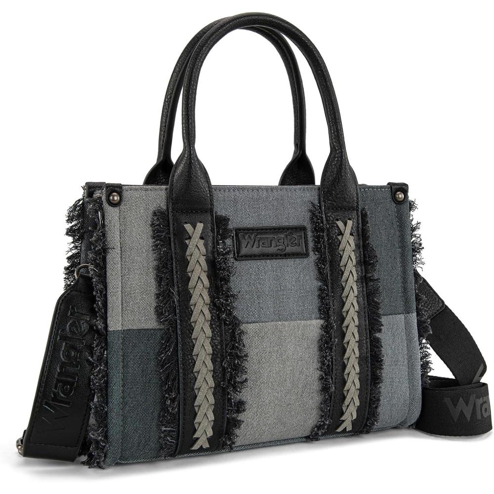imageMontana West Wrangler Tote Bag for Women Canvas Woven Top Handle Handbags with Guitar Strap Retro Purse Boho Shoulder BagBlack