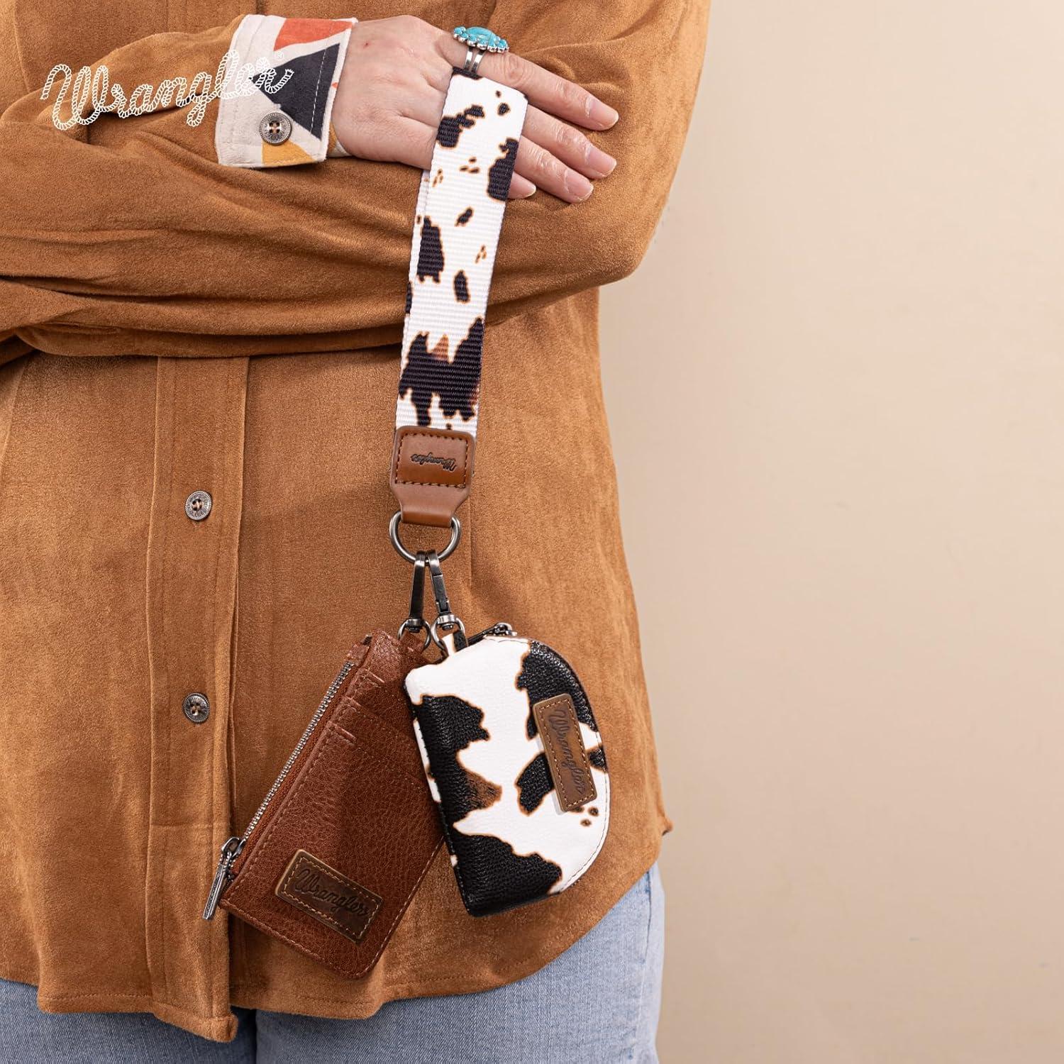 imageMontana WestxWrangler KeyChain Wristlet Wallets for Women Western Dual Pouch Wristlet Embroidered Boot Scroll Card Holder Wallet With ZipperArtist COW Brown