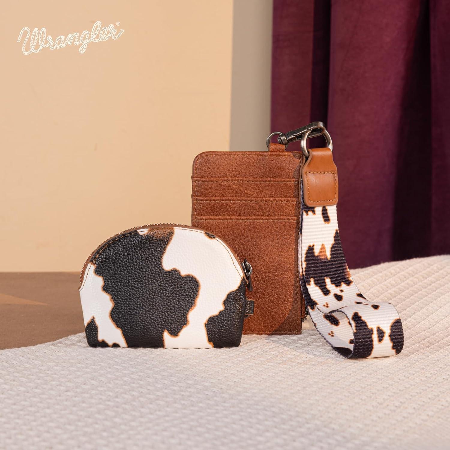 imageMontana WestxWrangler KeyChain Wristlet Wallets for Women Western Dual Pouch Wristlet Embroidered Boot Scroll Card Holder Wallet With ZipperArtist COW Brown
