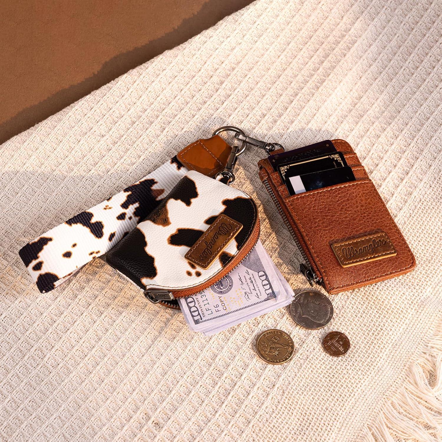 imageMontana WestxWrangler KeyChain Wristlet Wallets for Women Western Dual Pouch Wristlet Embroidered Boot Scroll Card Holder Wallet With ZipperArtist COW Brown
