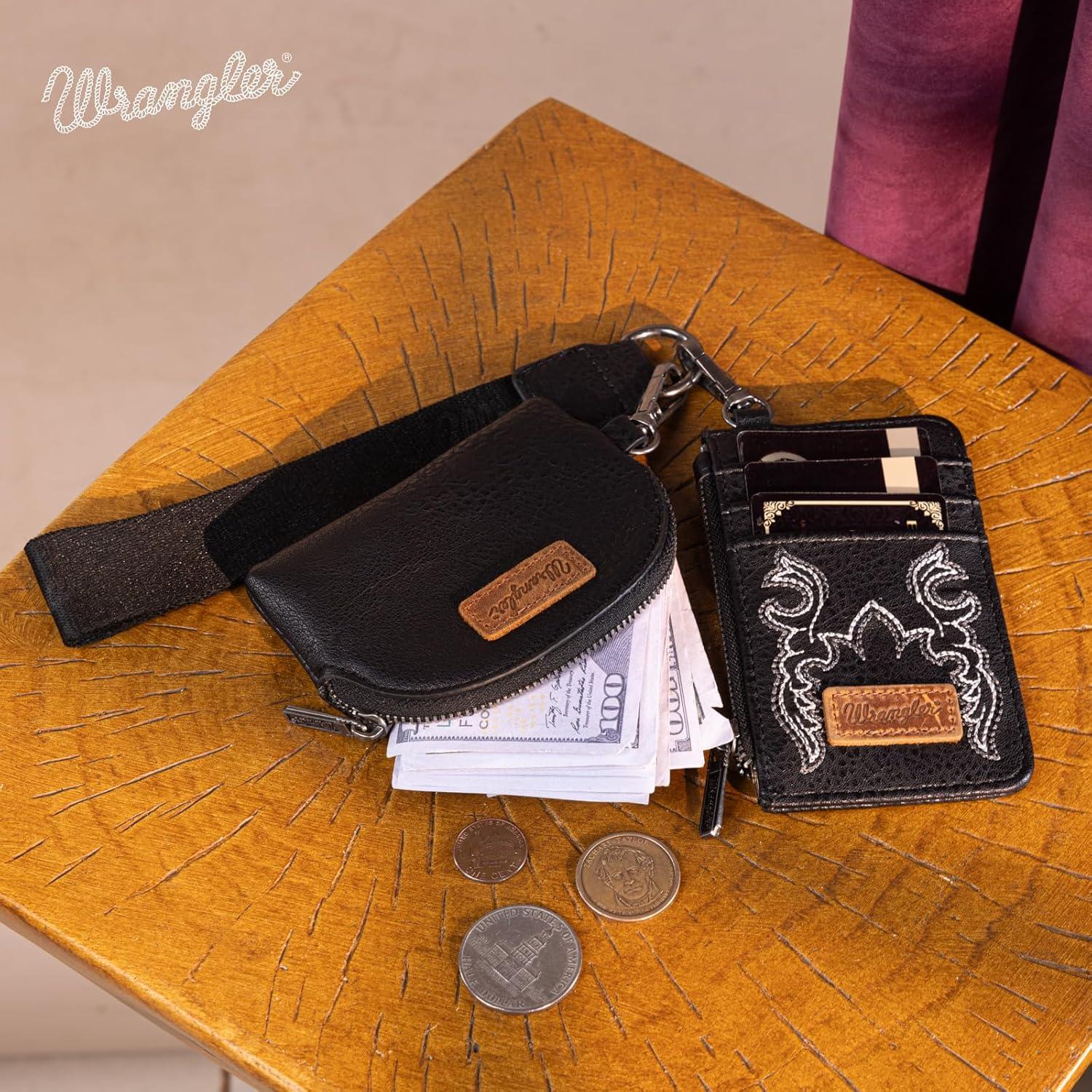 imageMontana WestxWrangler KeyChain Wristlet Wallets for Women Western Dual Pouch Wristlet Embroidered Boot Scroll Card Holder Wallet With ZipperBBlack