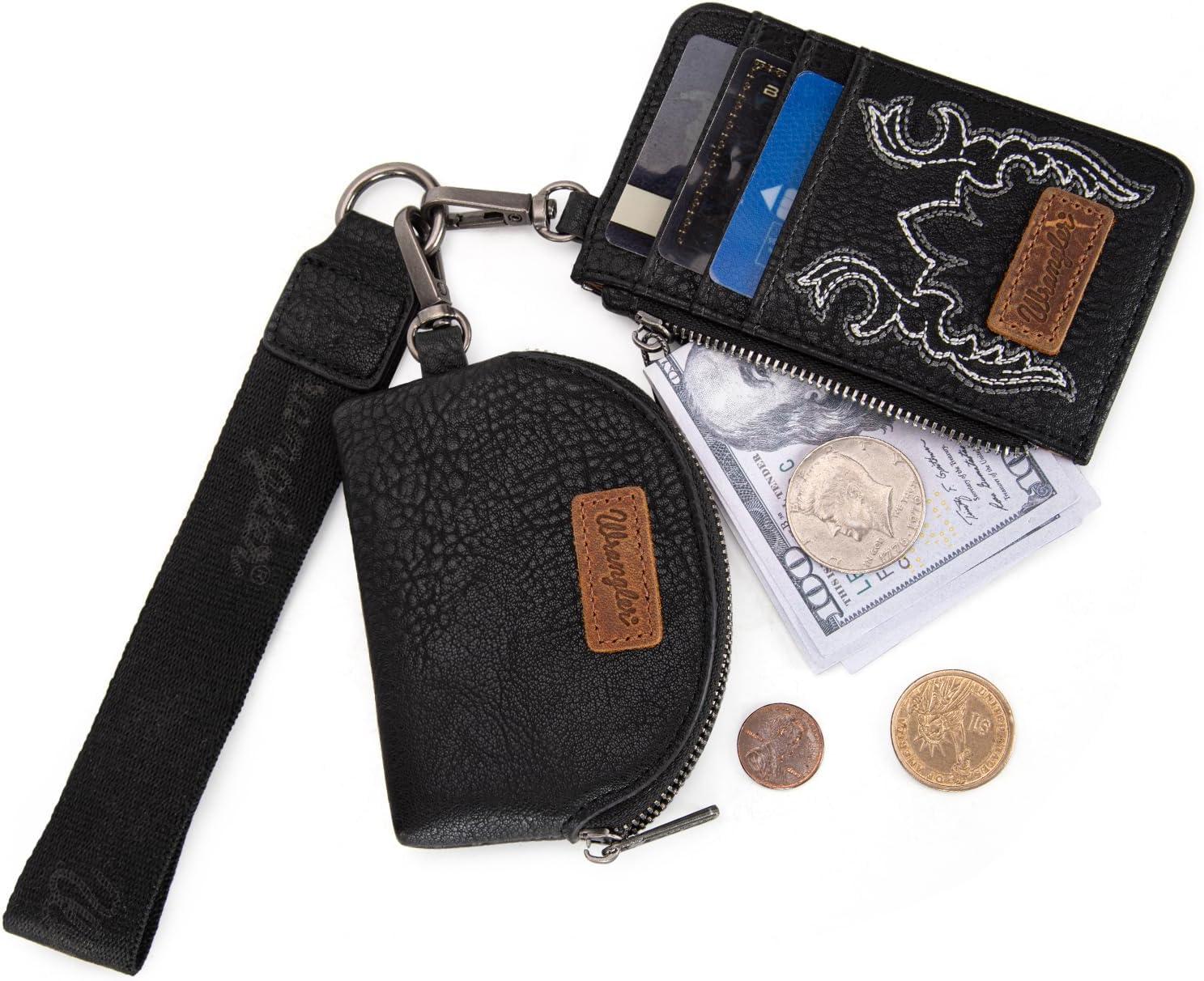imageMontana WestxWrangler KeyChain Wristlet Wallets for Women Western Dual Pouch Wristlet Embroidered Boot Scroll Card Holder Wallet With ZipperBBlack