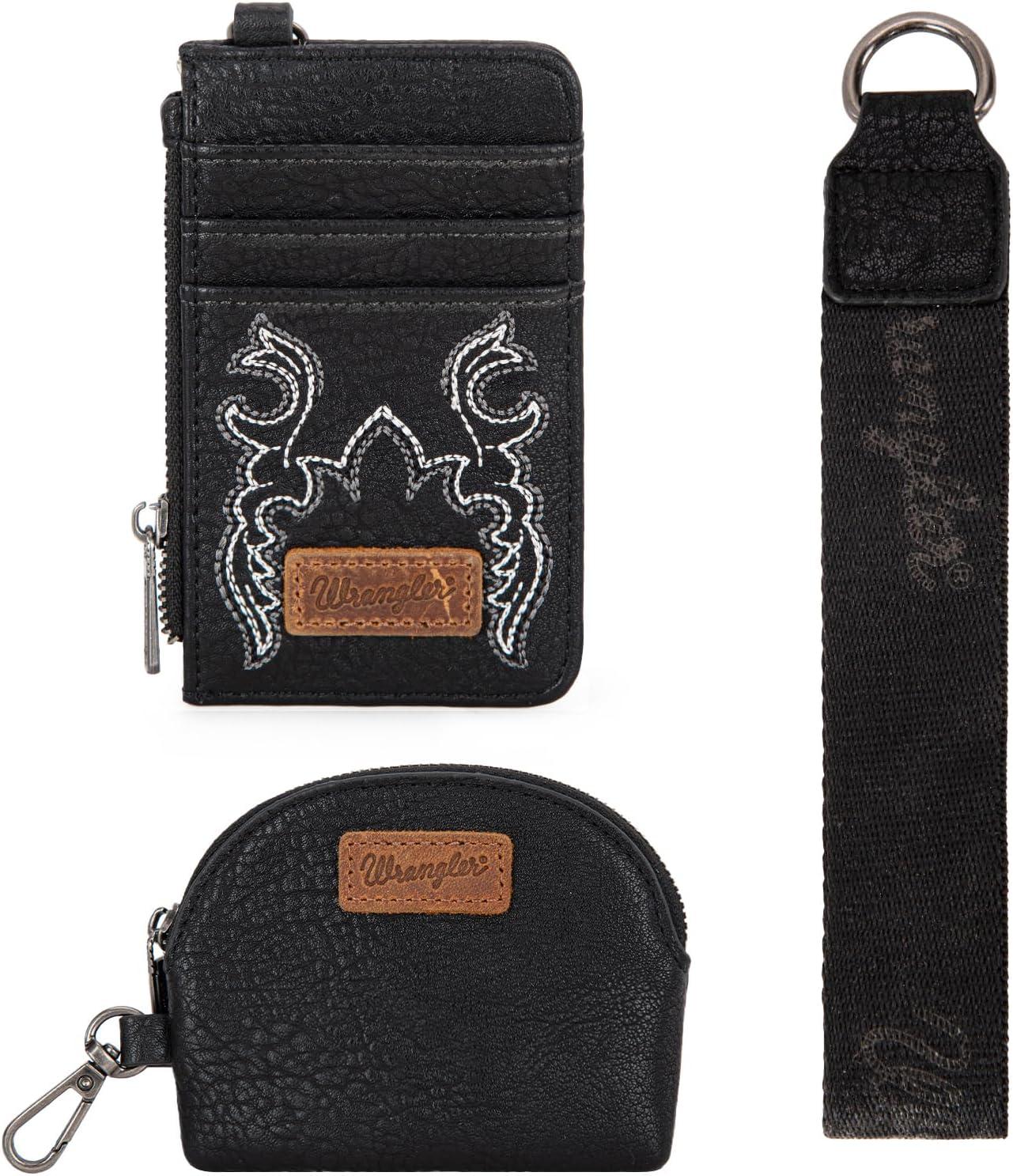imageMontana WestxWrangler KeyChain Wristlet Wallets for Women Western Dual Pouch Wristlet Embroidered Boot Scroll Card Holder Wallet With ZipperBBlack