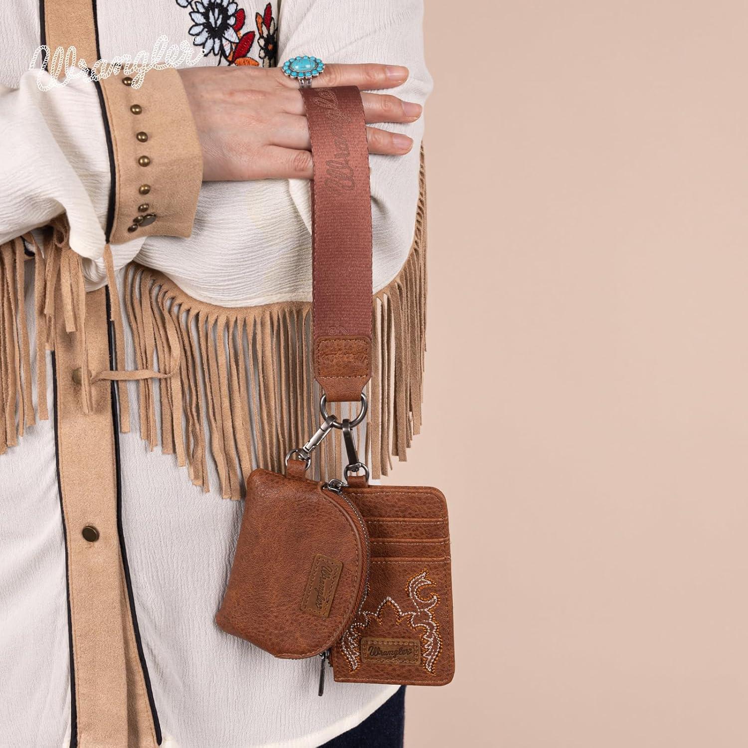 imageMontana WestxWrangler KeyChain Wristlet Wallets for Women Western Dual Pouch Wristlet Embroidered Boot Scroll Card Holder Wallet With ZipperBBrown