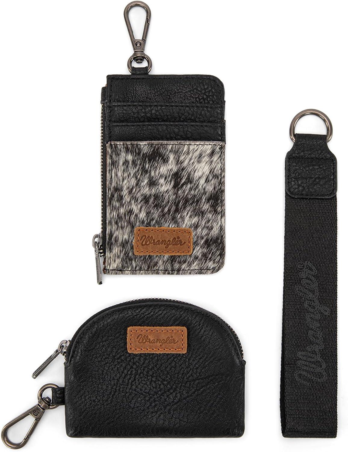 imageMontana WestxWrangler KeyChain Wristlet Wallets for Women Western Dual Pouch Wristlet Embroidered Boot Scroll Card Holder Wallet With ZipperCowhide Black
