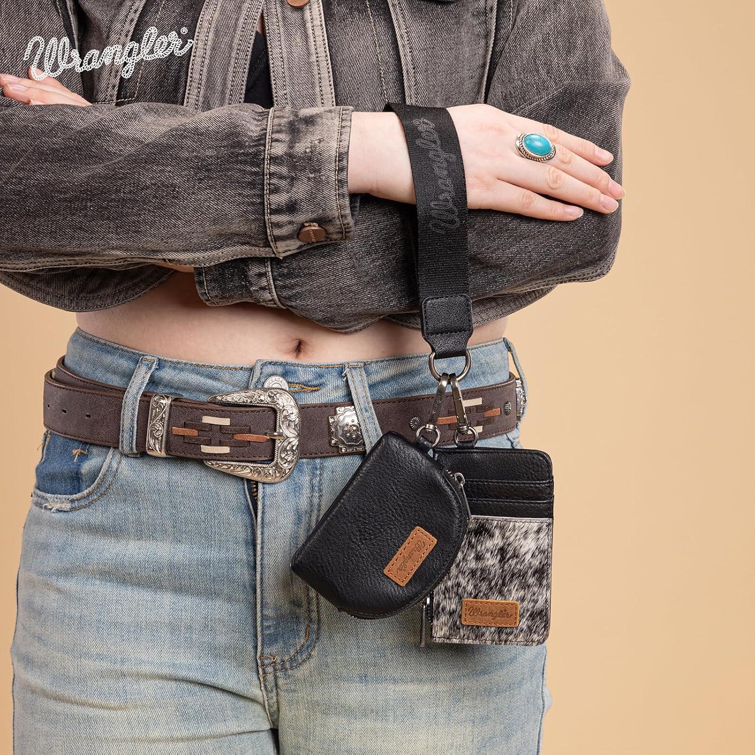 imageMontana WestxWrangler KeyChain Wristlet Wallets for Women Western Dual Pouch Wristlet Embroidered Boot Scroll Card Holder Wallet With ZipperCowhide Black