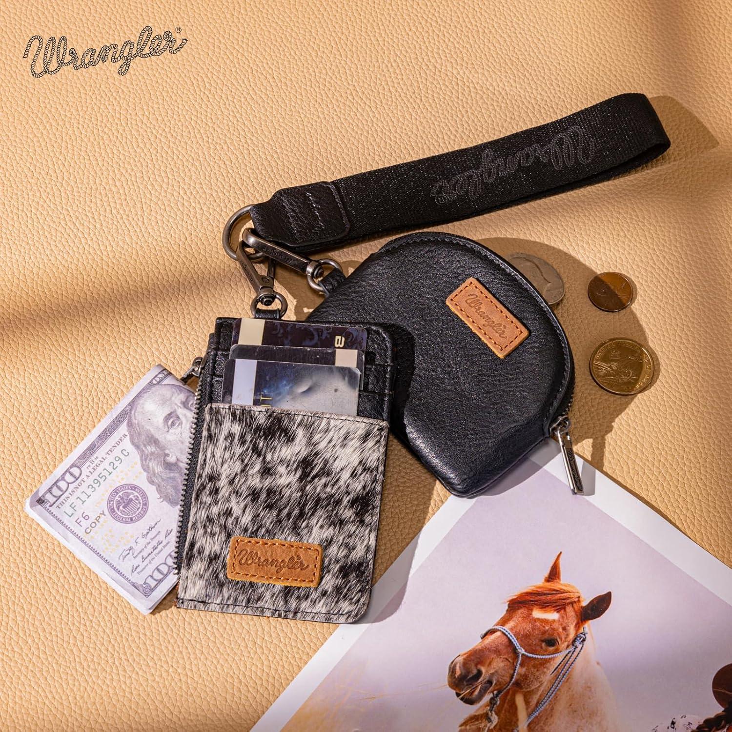 imageMontana WestxWrangler KeyChain Wristlet Wallets for Women Western Dual Pouch Wristlet Embroidered Boot Scroll Card Holder Wallet With ZipperCowhide Black