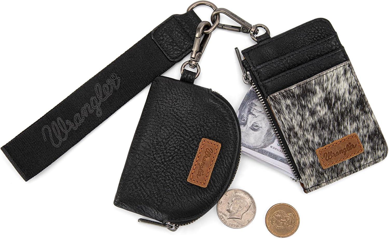 imageMontana WestxWrangler KeyChain Wristlet Wallets for Women Western Dual Pouch Wristlet Embroidered Boot Scroll Card Holder Wallet With ZipperCowhide Black