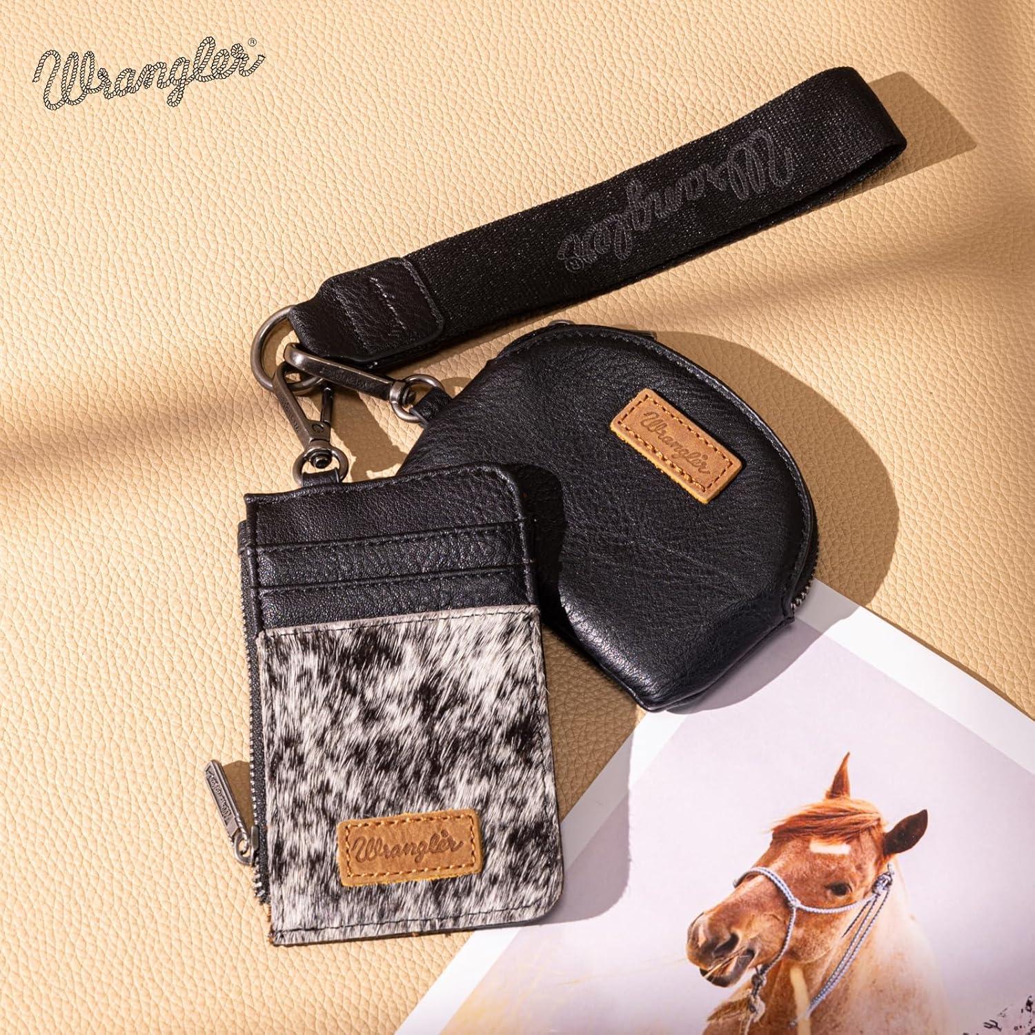 imageMontana WestxWrangler KeyChain Wristlet Wallets for Women Western Dual Pouch Wristlet Embroidered Boot Scroll Card Holder Wallet With ZipperCowhide Black