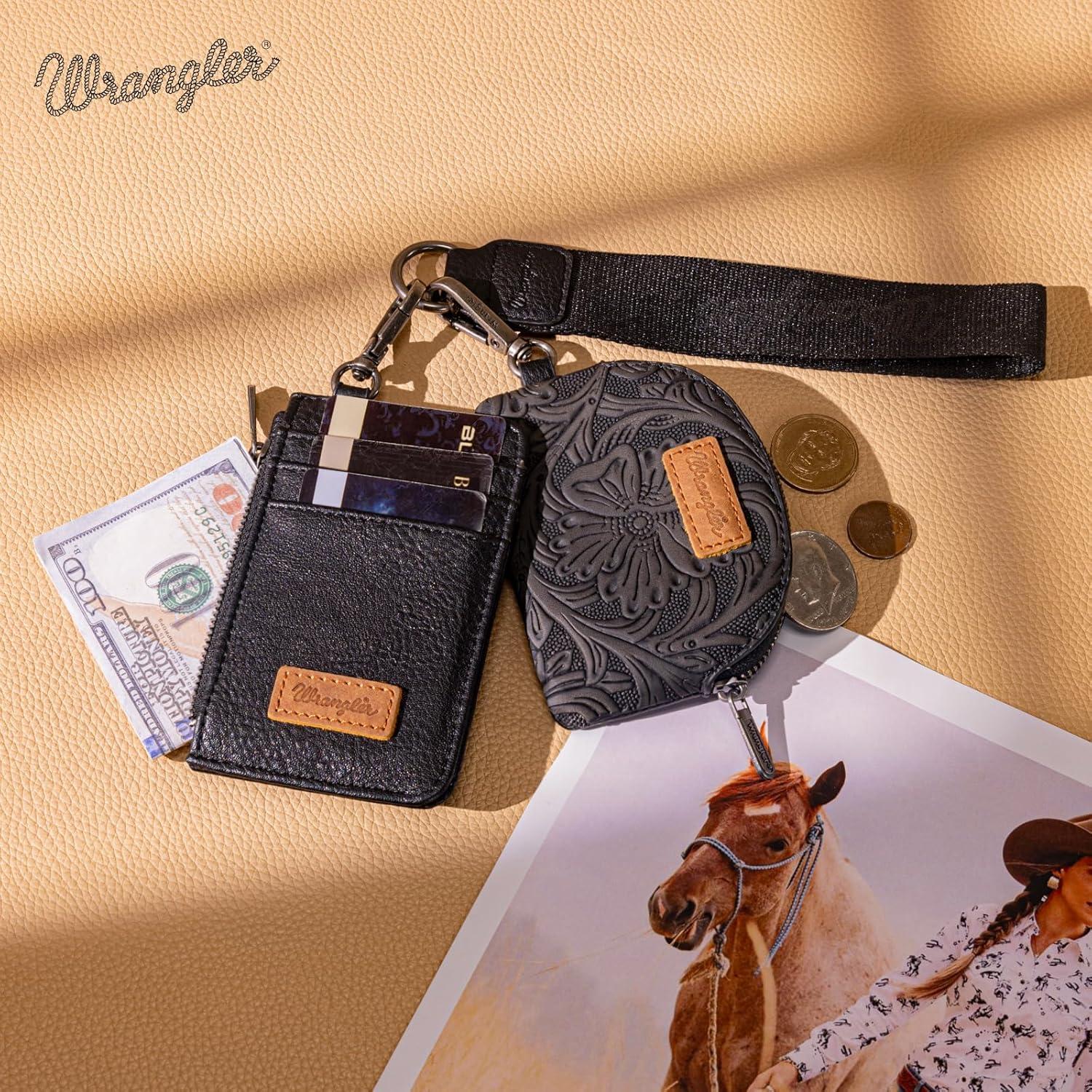 imageMontana WestxWrangler KeyChain Wristlet Wallets for Women Western Dual Pouch Wristlet Embroidered Boot Scroll Card Holder Wallet With ZipperTooling Black