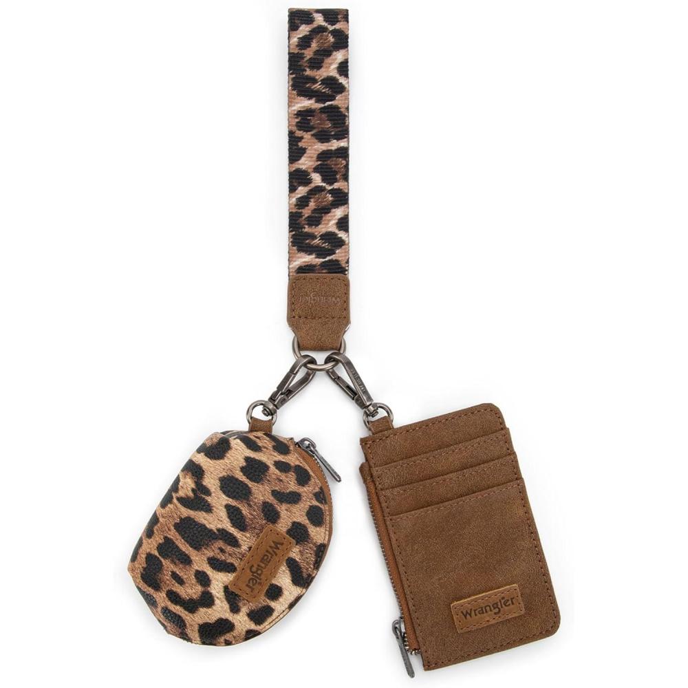 imageMontana WestxWrangler KeyChain Wristlet Wallets for Women Western Dual Pouch Wristlet Embroidered Boot Scroll Card Holder Wallet With ZipperLeopard Brown