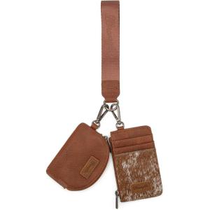 Montana WestxWrangler KeyChain Wristlet Wallets for Women Western Dual Pouch Wristlet Embroidered Boot Scroll Card Holder Wallet With Zipper(Cowhide Brown)