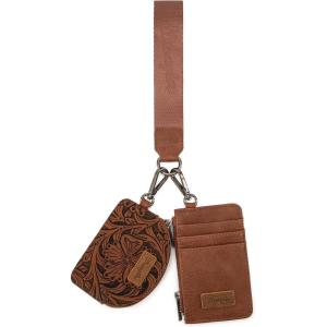 Montana WestxWrangler KeyChain Wristlet Wallets for Women Western Dual Pouch Wristlet Embroidered Boot Scroll Card Holder Wallet With Zipper(Tooling Brown)