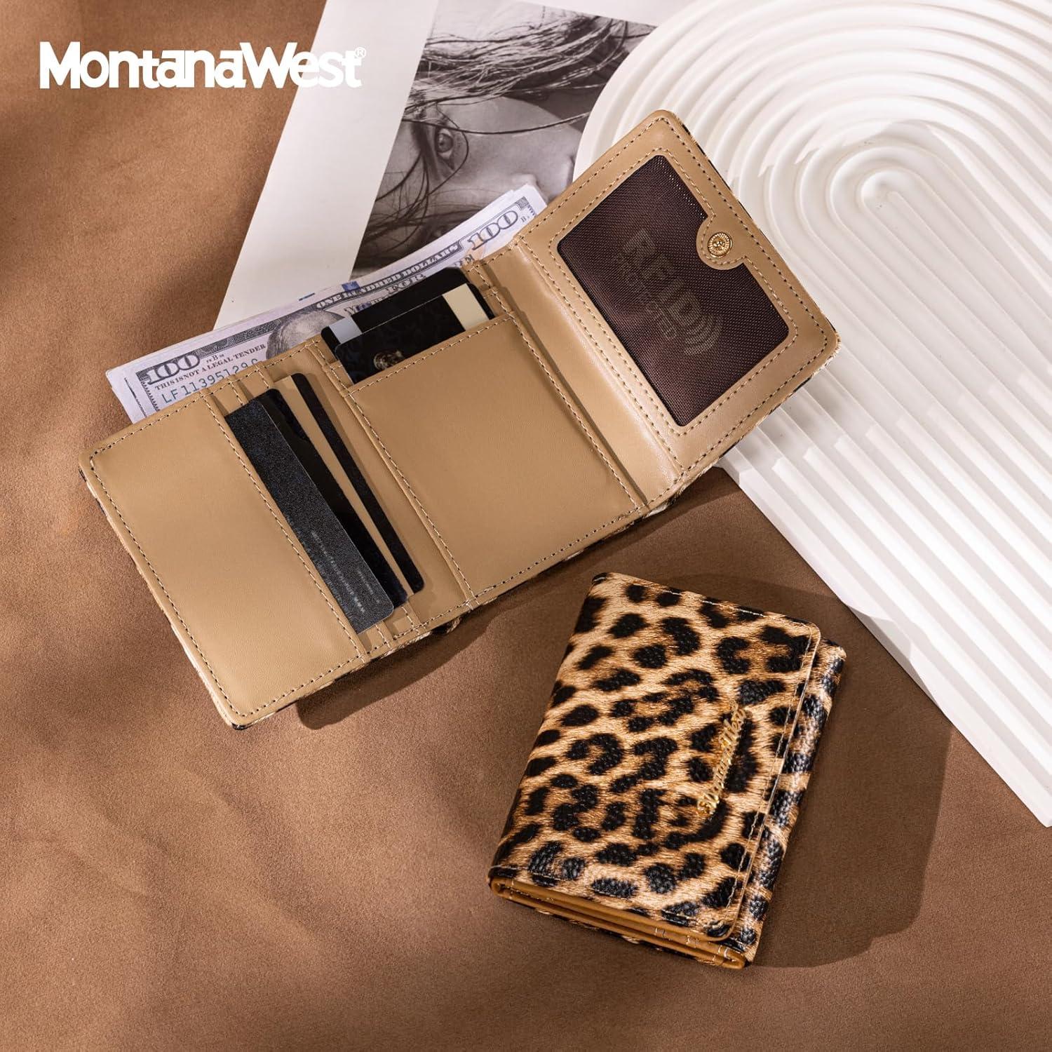imageMontana West Small Wallets Woman RFID Blocking Wallet Trifold Pocket Wallet with ID WindowZ Leopard Tan