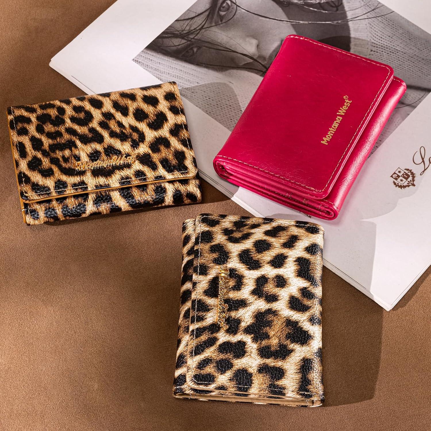 imageMontana West Small Wallets Woman RFID Blocking Wallet Trifold Pocket Wallet with ID WindowZ Leopard Tan