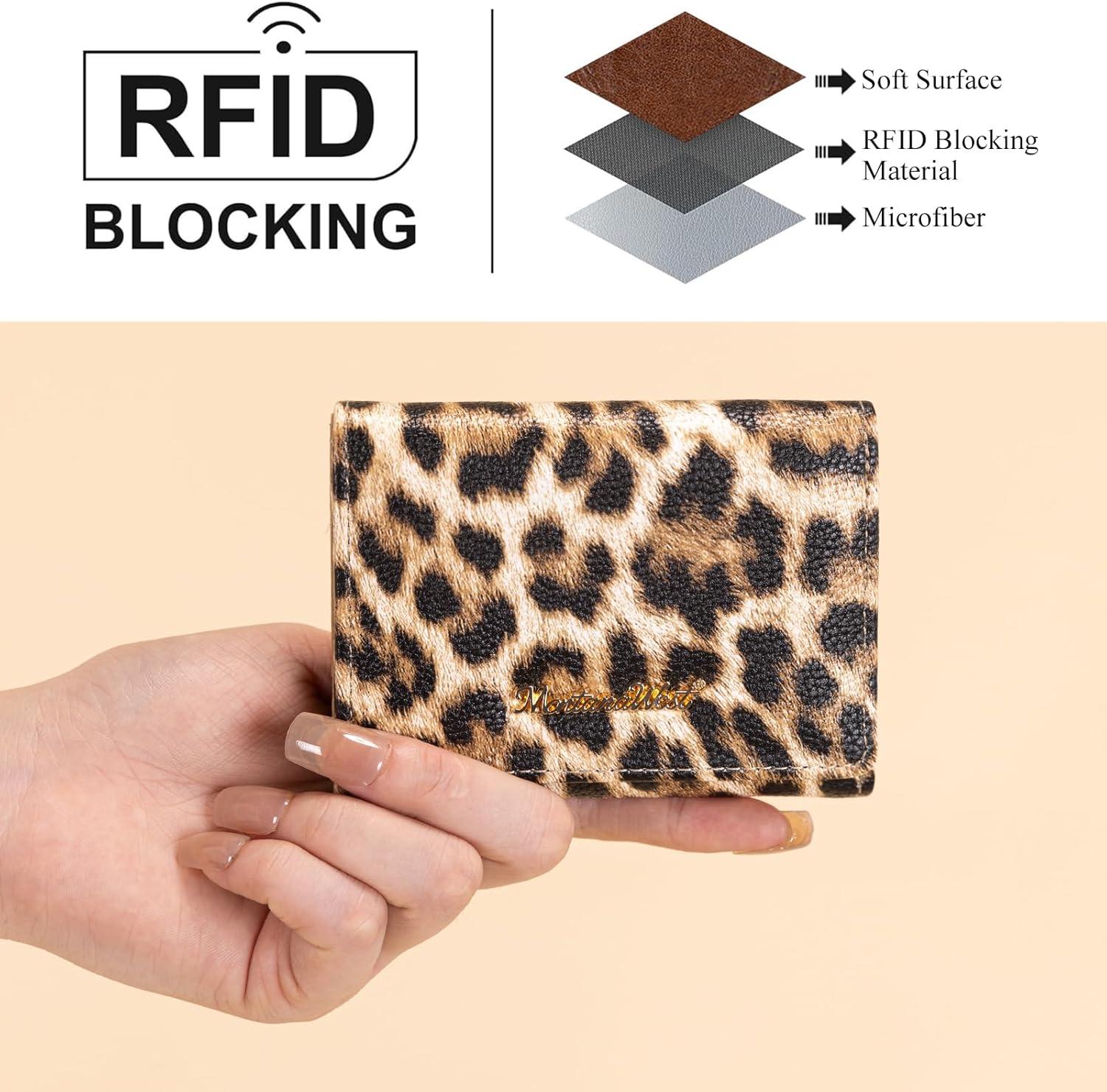 imageMontana West Small Wallets Woman RFID Blocking Wallet Trifold Pocket Wallet with ID WindowZ Leopard Tan
