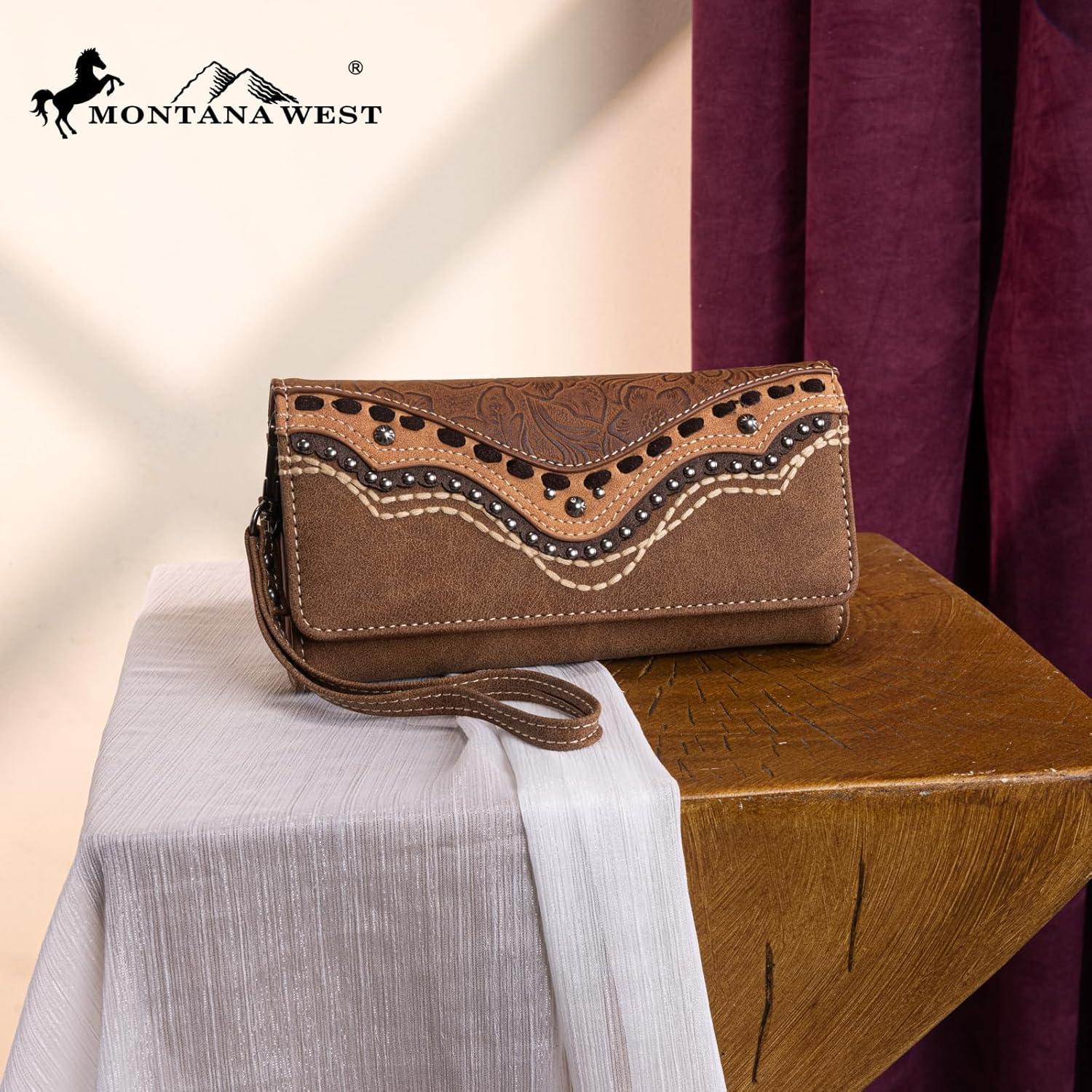 imageMontana West Wristlet Wallets for Women Western Trifold Wallet Purse with Card Holder MW1340W002BKEmbossedBrown