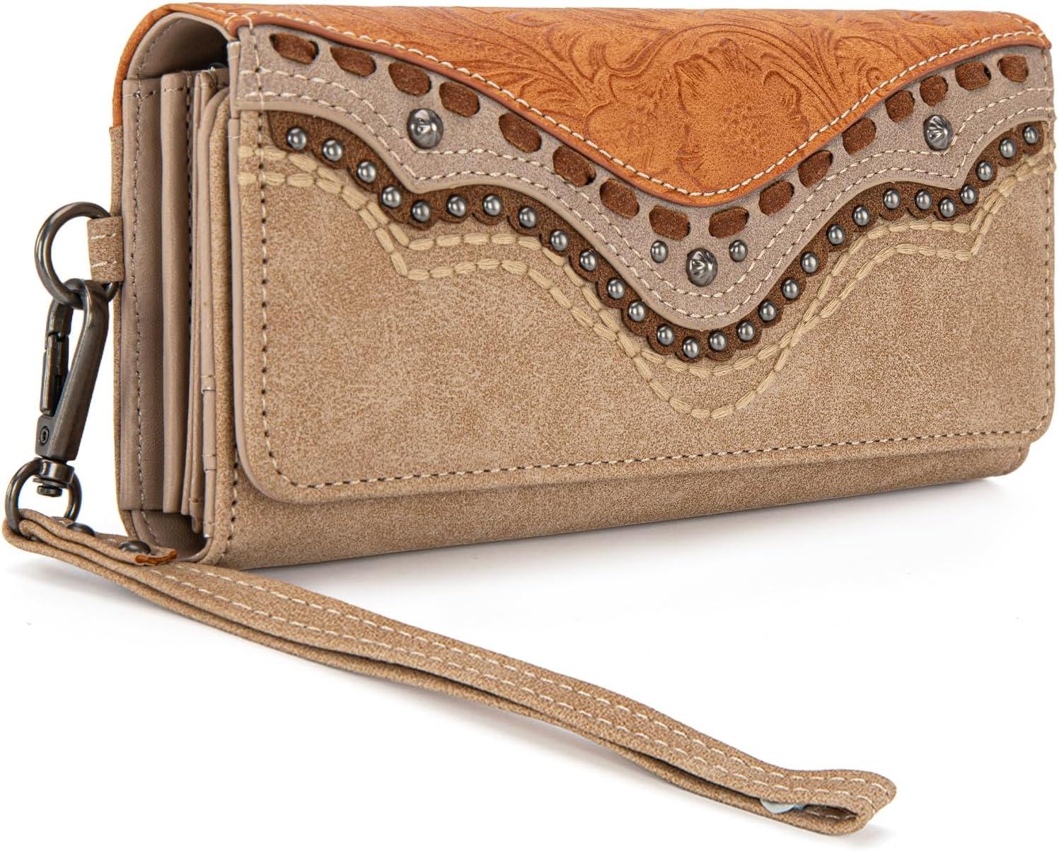imageMontana West Wristlet Wallets for Women Western Trifold Wallet Purse with Card Holder MW1340W002BKEmbossedPale Apricot