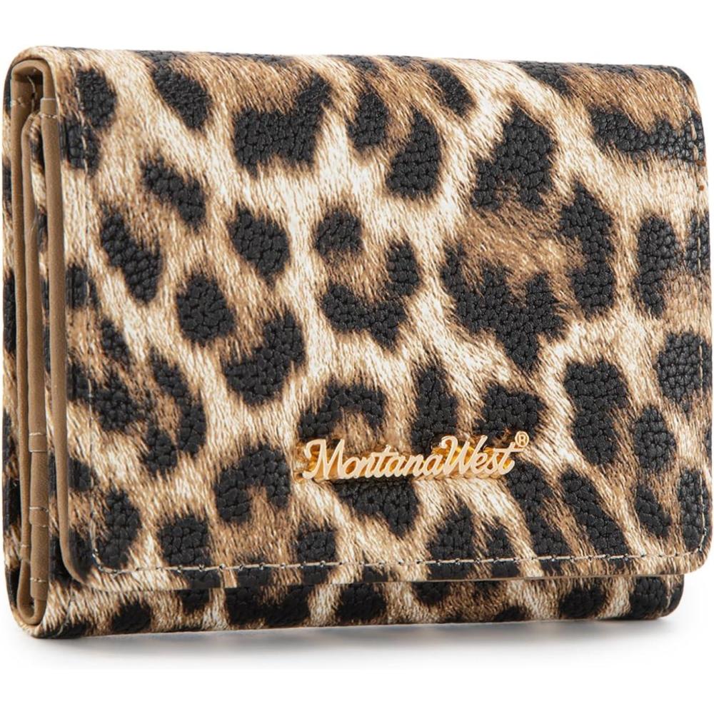 imageMontana West Small Wallets Woman RFID Blocking Wallet Trifold Pocket Wallet with ID WindowZ Leopard Tan