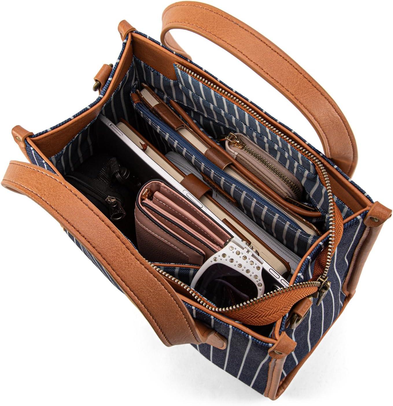 imageMontana West x Lee Tote Bag for Women Striped Top Handle Handbag with Adjustable StrapJean Blue