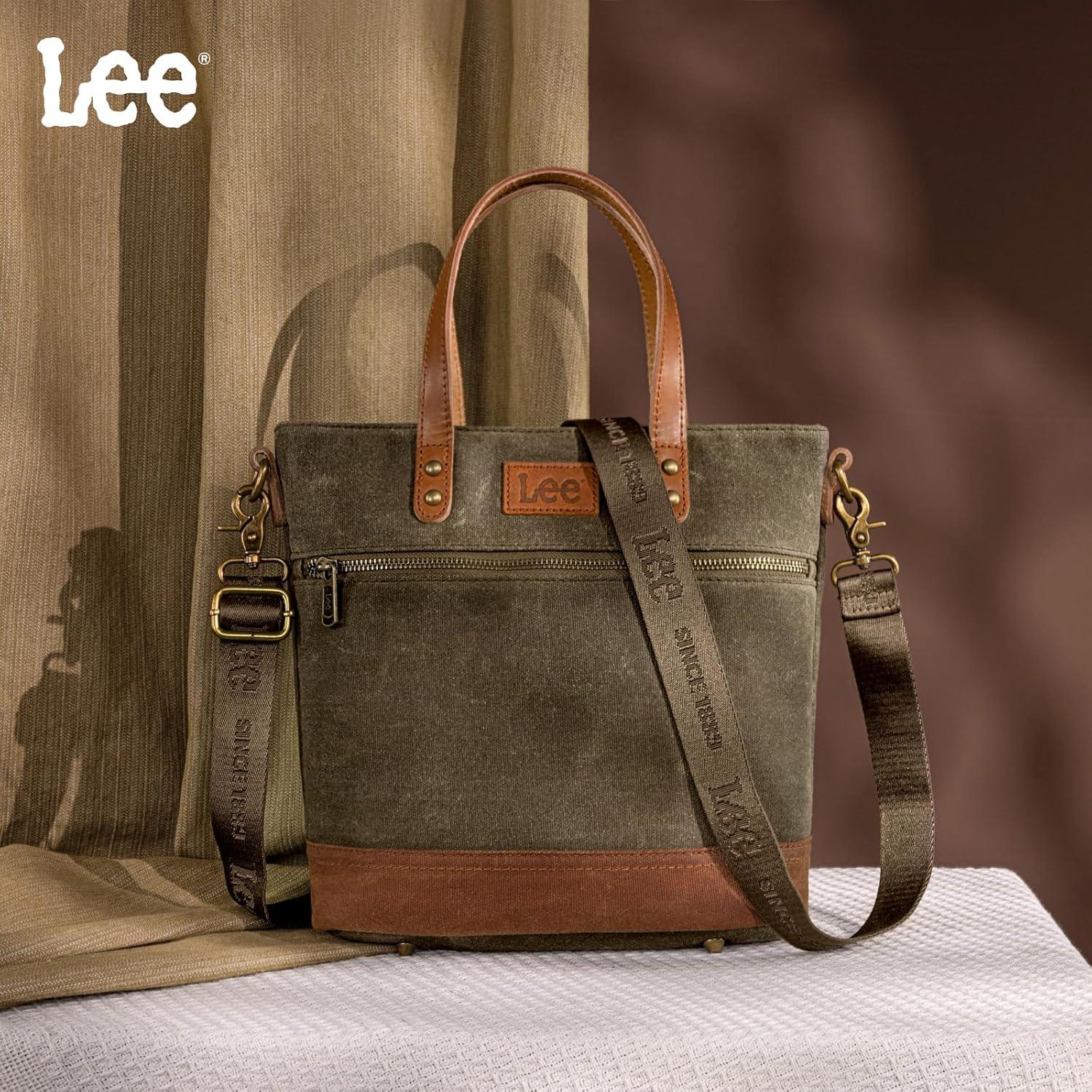 imageMontana West x Lee Waxed Canvas Tote Bag for Women Medium Vintage Crossbody Bag for Work with Leather HandleDeep Green