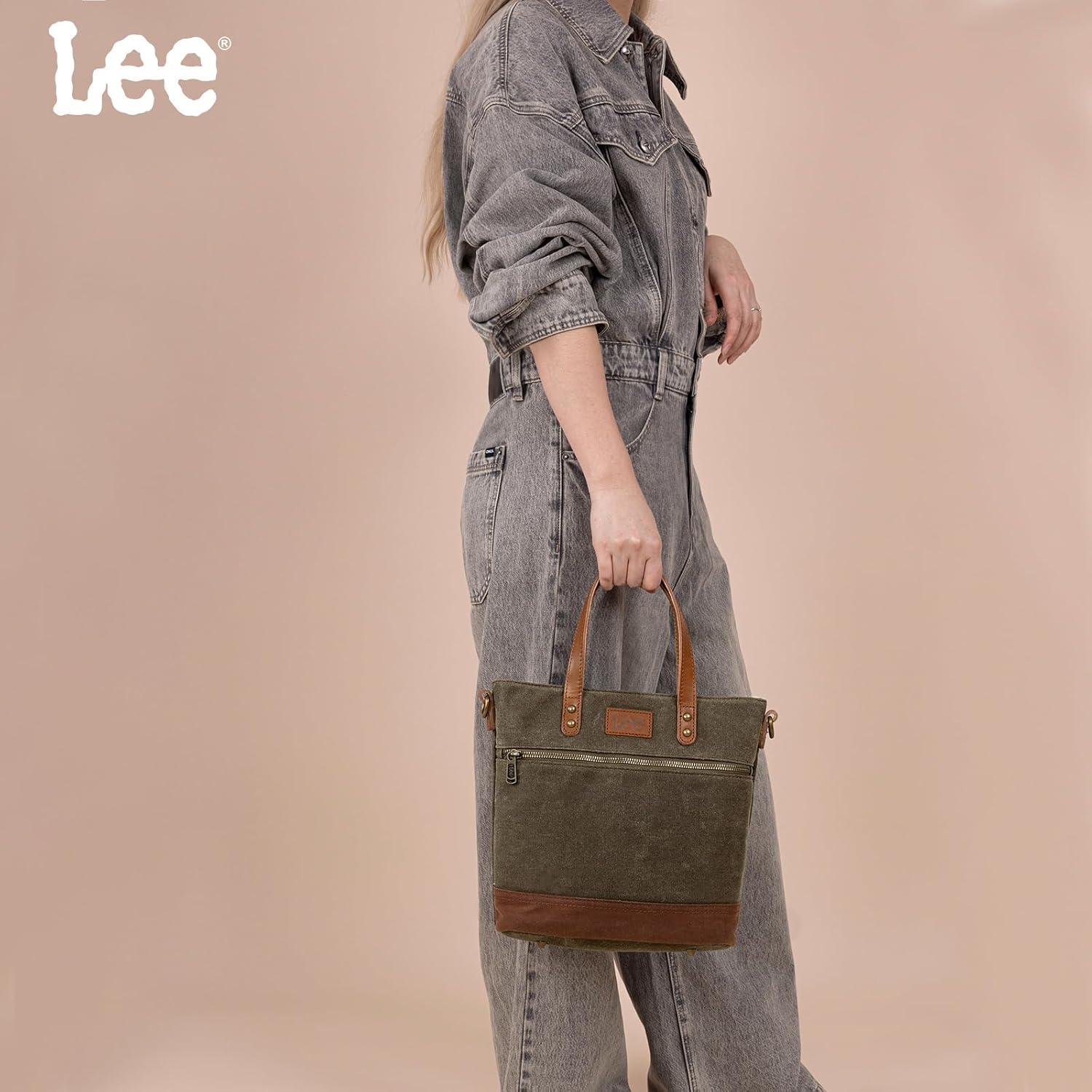 imageMontana West x Lee Waxed Canvas Tote Bag for Women Medium Vintage Crossbody Bag for Work with Leather HandleDeep Green