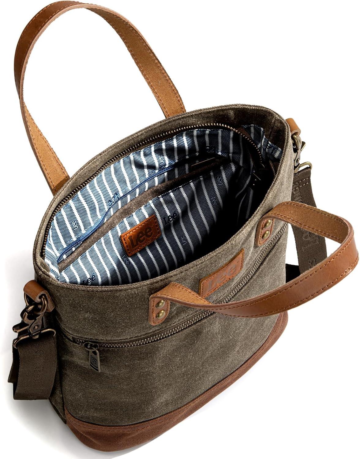imageMontana West x Lee Waxed Canvas Tote Bag for Women Medium Vintage Crossbody Bag for Work with Leather HandleDeep Green