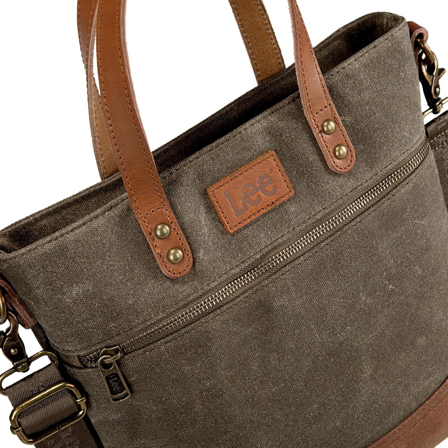 imageMontana West x Lee Waxed Canvas Tote Bag for Women Medium Vintage Crossbody Bag for Work with Leather HandleDeep Green