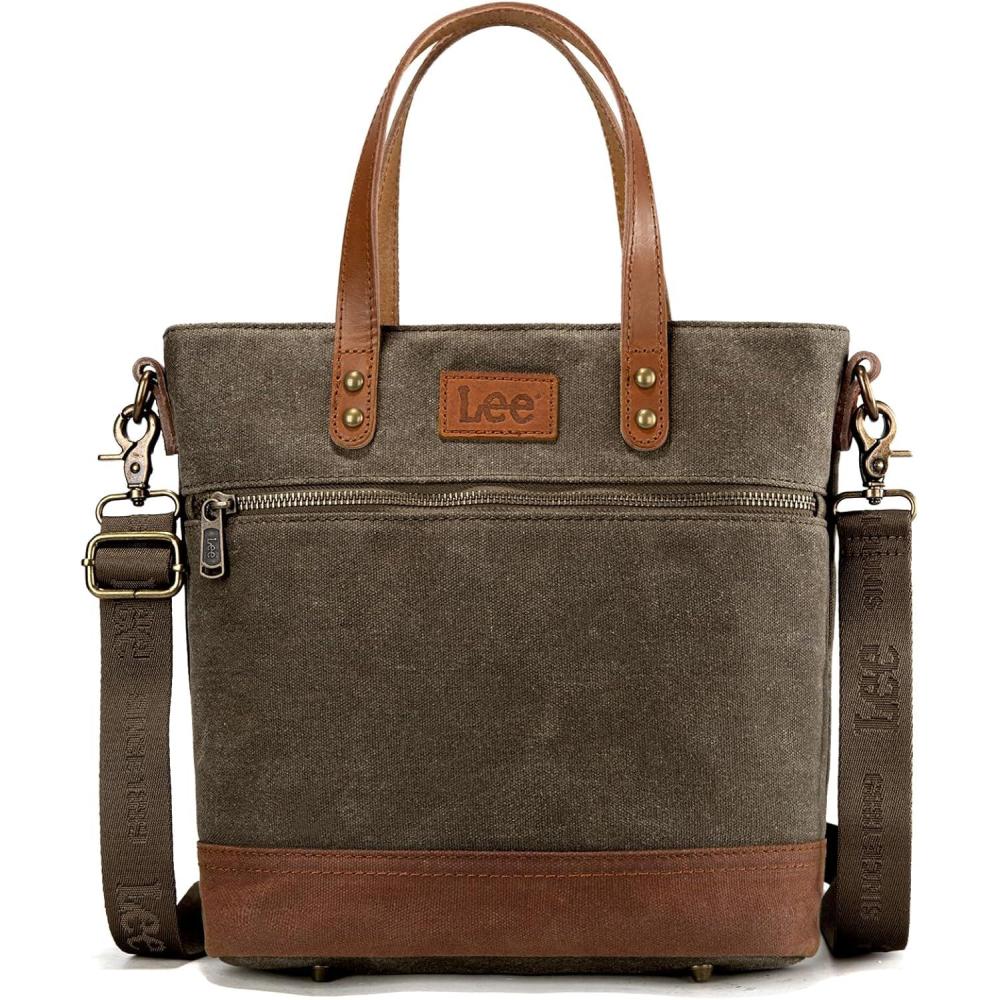 imageMontana West x Lee Waxed Canvas Tote Bag for Women Medium Vintage Crossbody Bag for Work with Leather HandleDeep Green