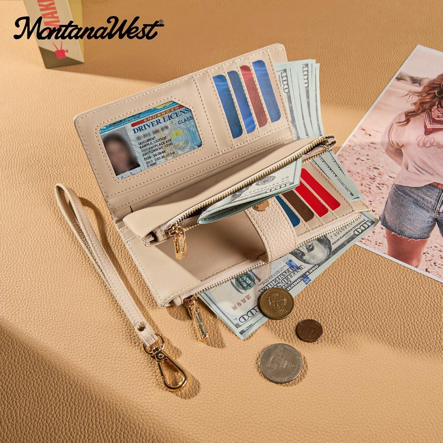 imageMontana West Bifold Wallet Women Wristlet Wallets Card Cases amp Money Organizers Minimalist Wallet for Women Ladies Female Large Capacity Clutch Phone Wallets with Double Zipper Purses and ID WindowBeige