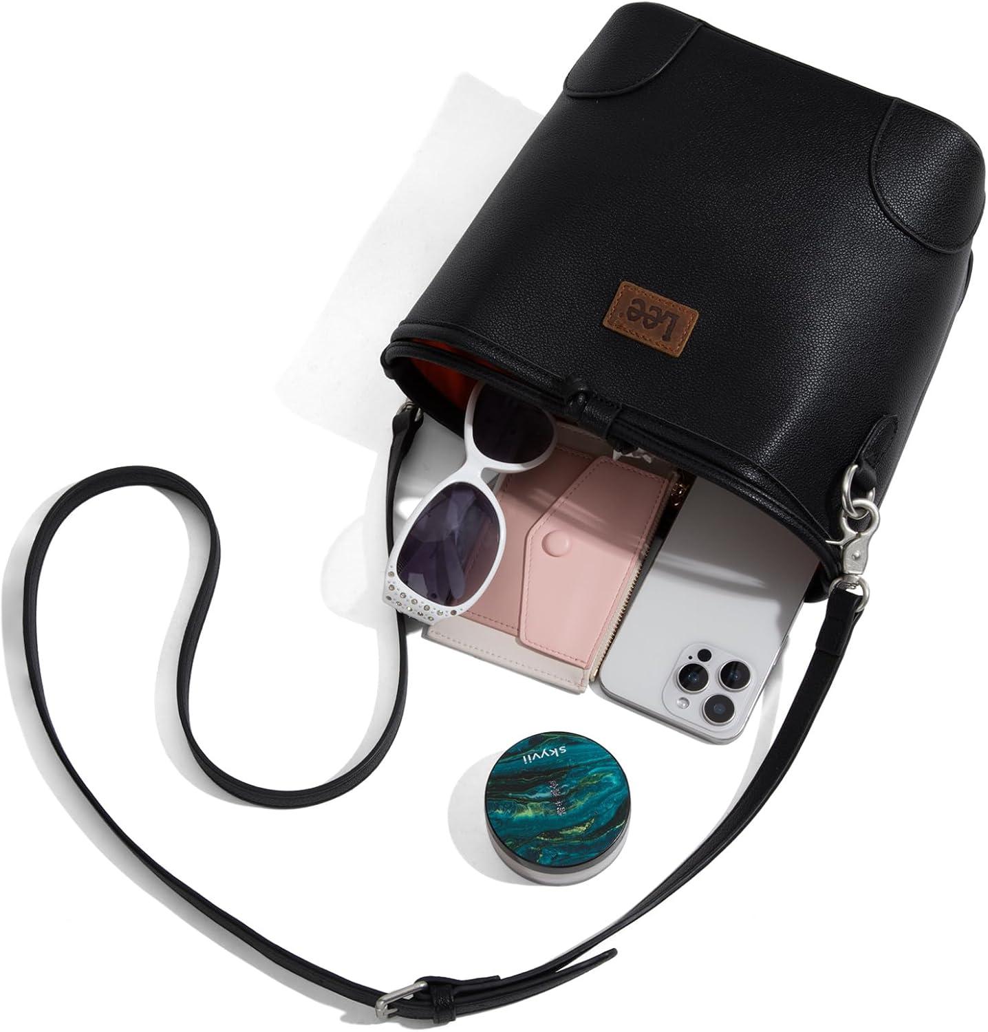 imageMontana West Lee Small Crossbody Bags for Women Drawstring Bucket Purse with Adjustable StrapBlack