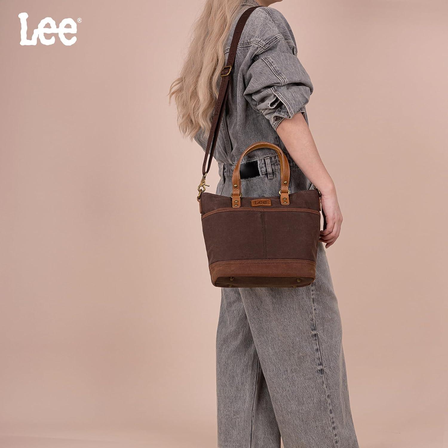 imageMontana West x Lee Waxed Canvas Tote Bag for Women Work Small Vintage Shoulder Bag and Handbag with Leather HandleCoffee