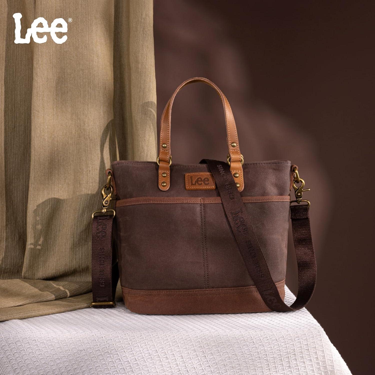 imageMontana West x Lee Waxed Canvas Tote Bag for Women Work Small Vintage Shoulder Bag and Handbag with Leather HandleCoffee
