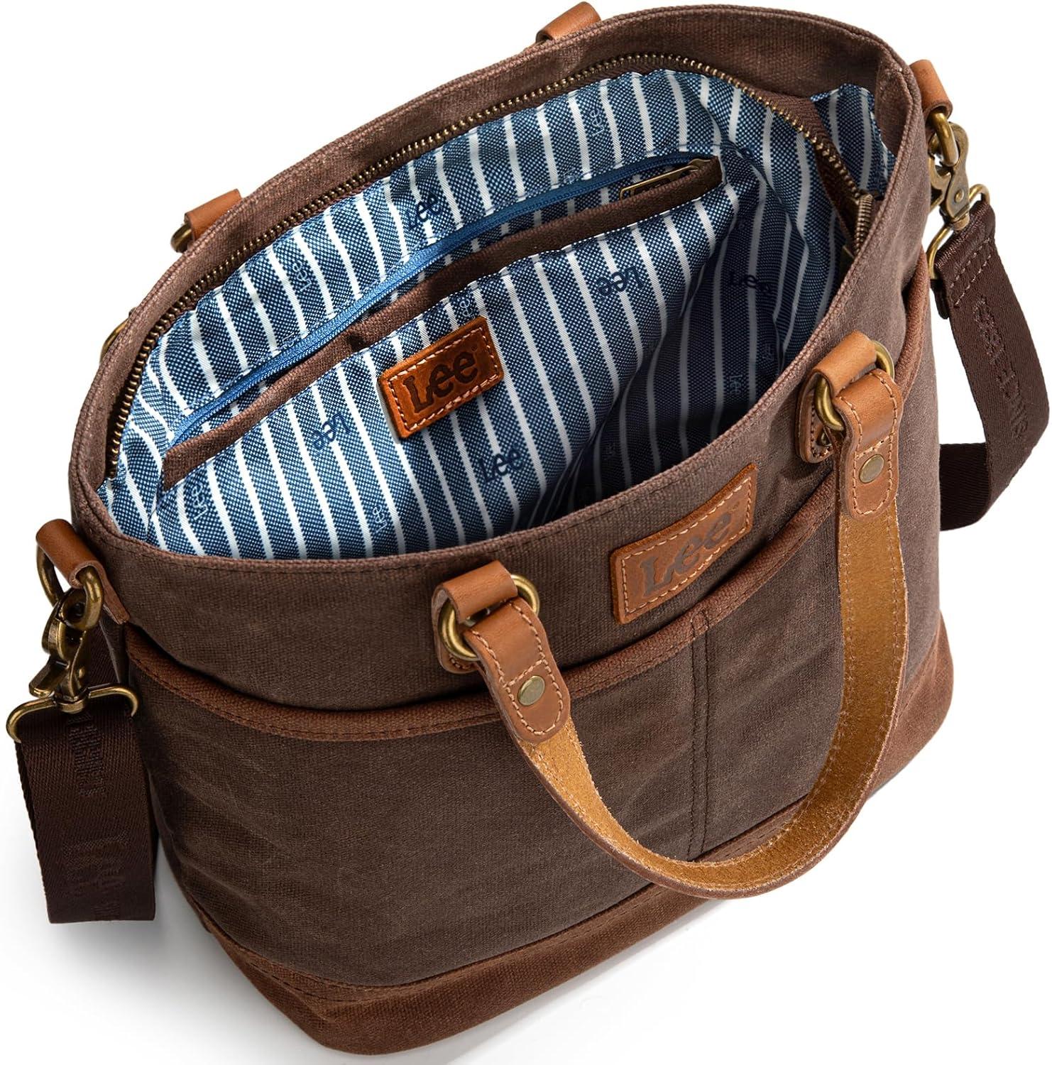 imageMontana West x Lee Waxed Canvas Tote Bag for Women Work Small Vintage Shoulder Bag and Handbag with Leather HandleCoffee