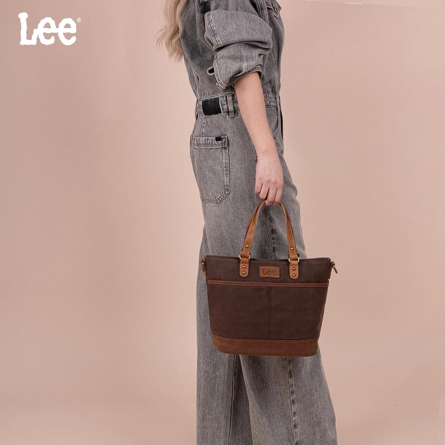 imageMontana West x Lee Waxed Canvas Tote Bag for Women Work Small Vintage Shoulder Bag and Handbag with Leather HandleCoffee