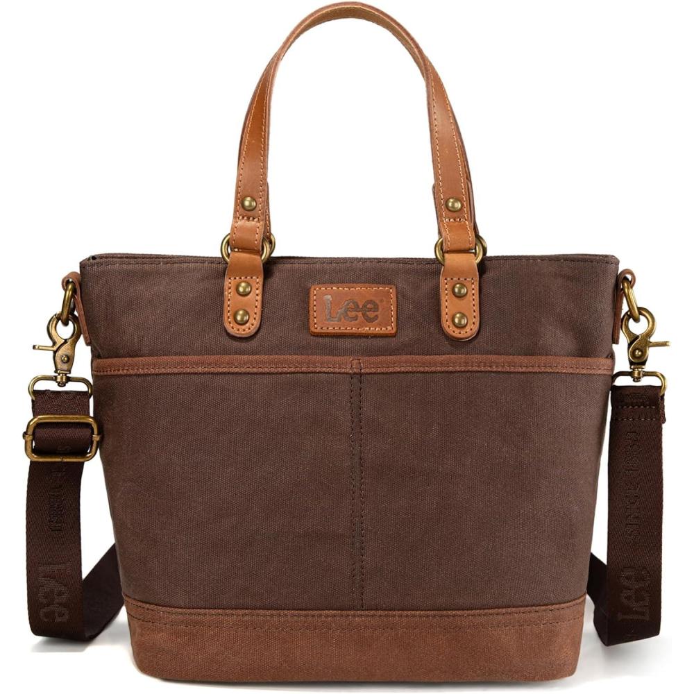 imageMontana West x Lee Waxed Canvas Tote Bag for Women Work Small Vintage Shoulder Bag and Handbag with Leather HandleCoffee